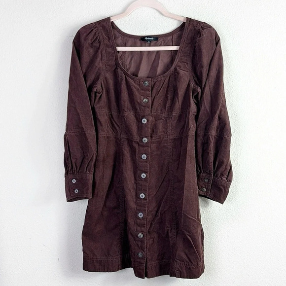 Madewell Corduroy Seamed Long-Sleeve Mini Dress in Chocolate Raisin color SZ 0 P - Picture 5 of 13